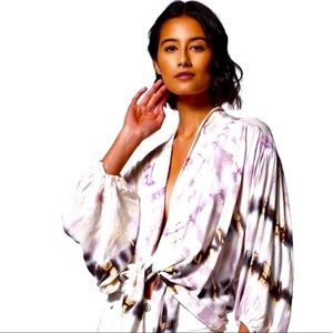 YFB tie front Carmen top brand new with tags in shades of cream purple and black